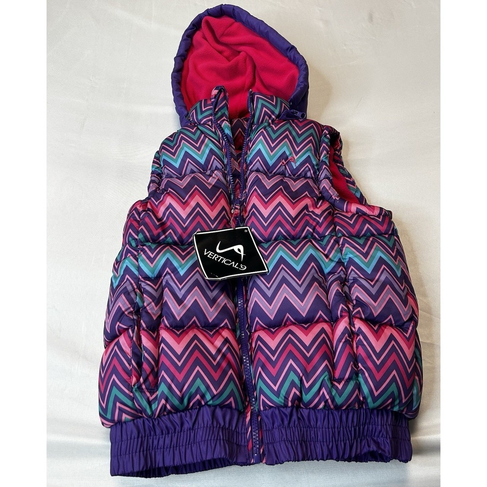 Vertical 9 Girls Puffer Vest Purple Pink Chevron Hooded Fleece Lined Size S 7/8